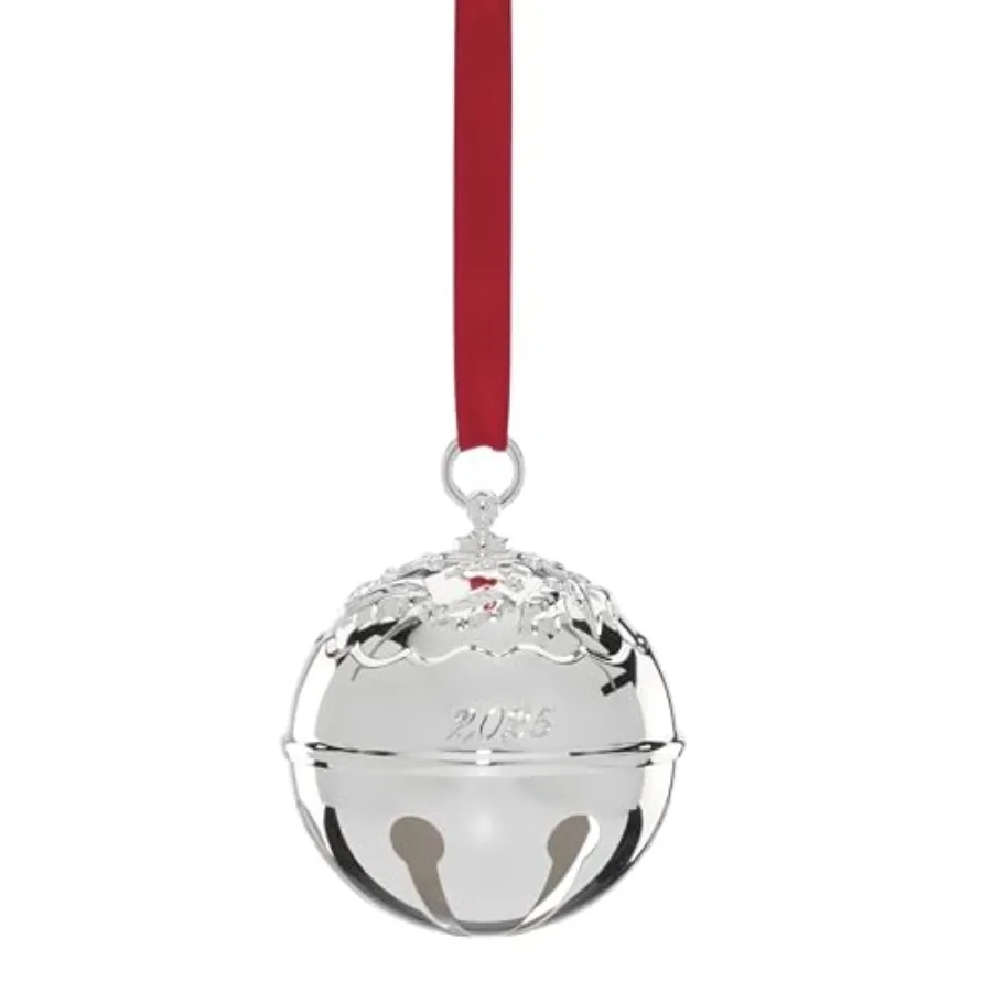 زخرفة 2025 هولي بيل حلية فضية مصنوعة من المعدن زينة شجرة عيد الميلاد الجميلة مع شريط أحمر للتعليق I