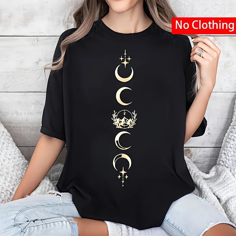 Golden Moon Ball Iron Heat Transfer Research Pattern Printed Short Sleeve Round Neck T-shirt Fashion Casual Simple Top
