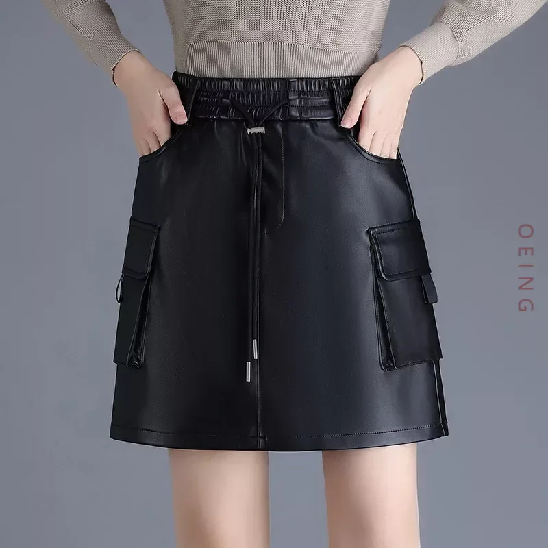 

Elastic High Waist Big Pocket Black PU Leather Skirt Women Autumn Winter Streetwear Hip Hop Slim A-line Bodycon Mini Skirts 3166