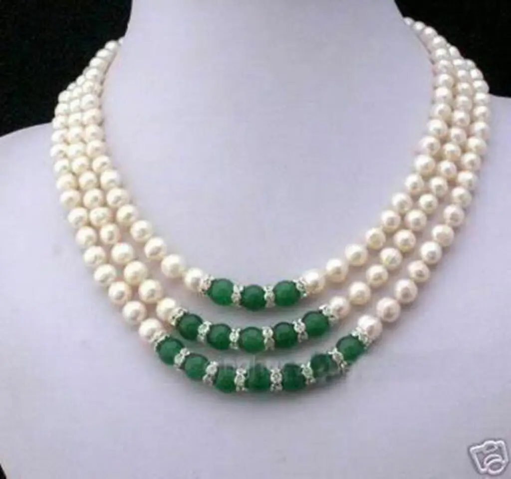 

3 Rows 7-8mm Real White Pearl & 8mm Green Emerald Round Beads Necklaces 18-20''