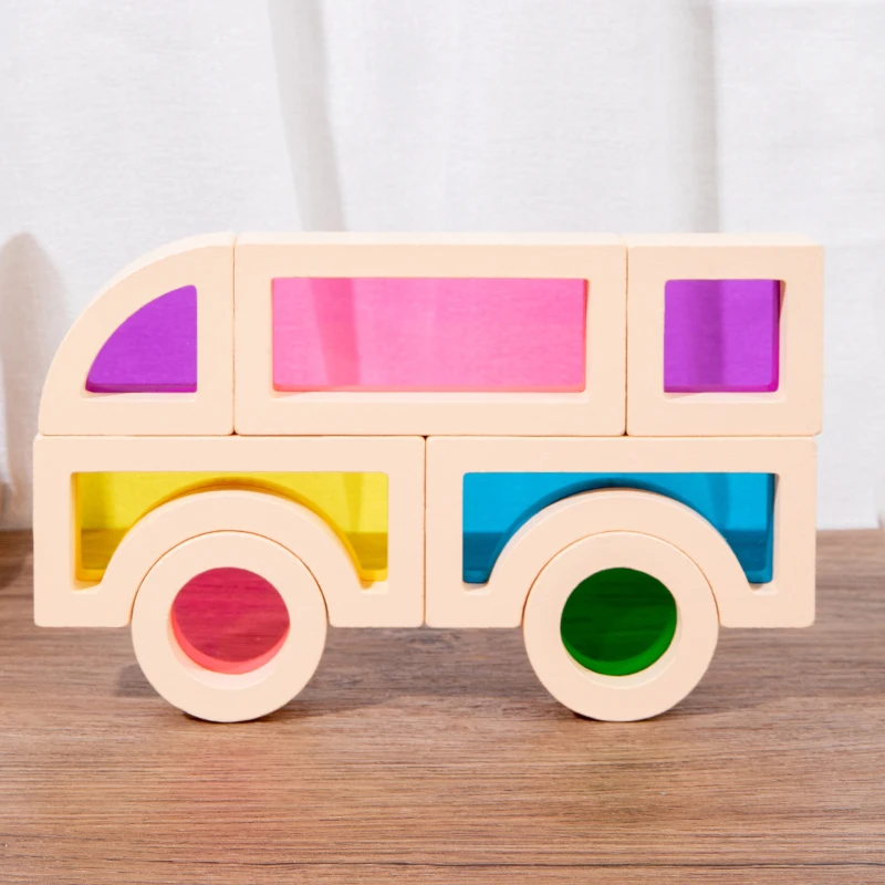 25Pcs Stacking Building Blocks Montessori Toys Construction Toys Colorful Geometry Sensory Toy Wood Rainbow Blocks for Preschool