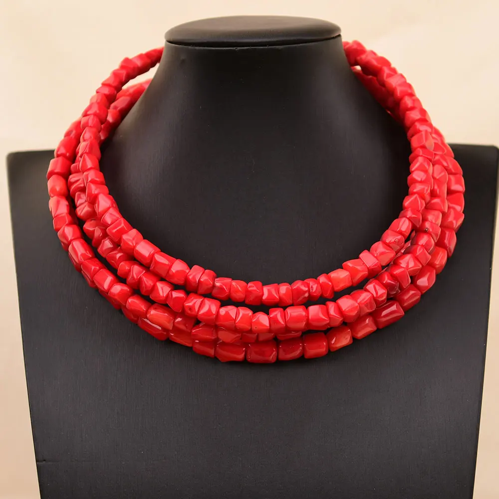 

G-G 4 Rows Natural Red Coral Freeform Nugget Multi Strands Chokers Necklace Necklet