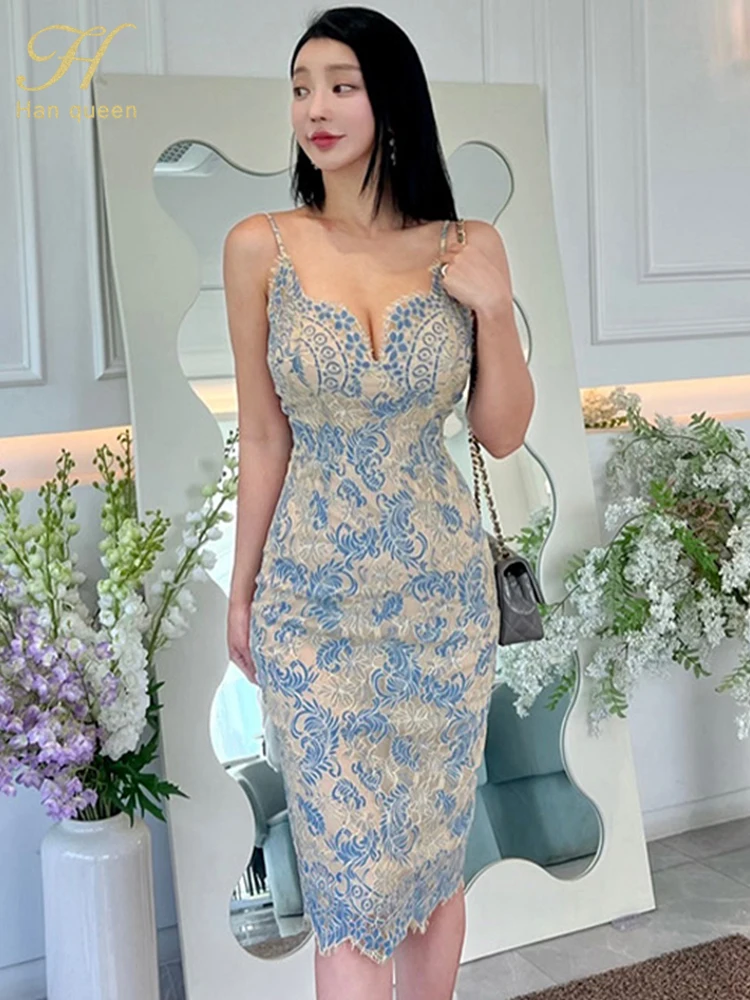 H Han Queen Sexy Prints Pencil Lace Elegant Luxury Evening Dress 2024 Women Sheath Party Dresses Summer Vestidos Female Clothing