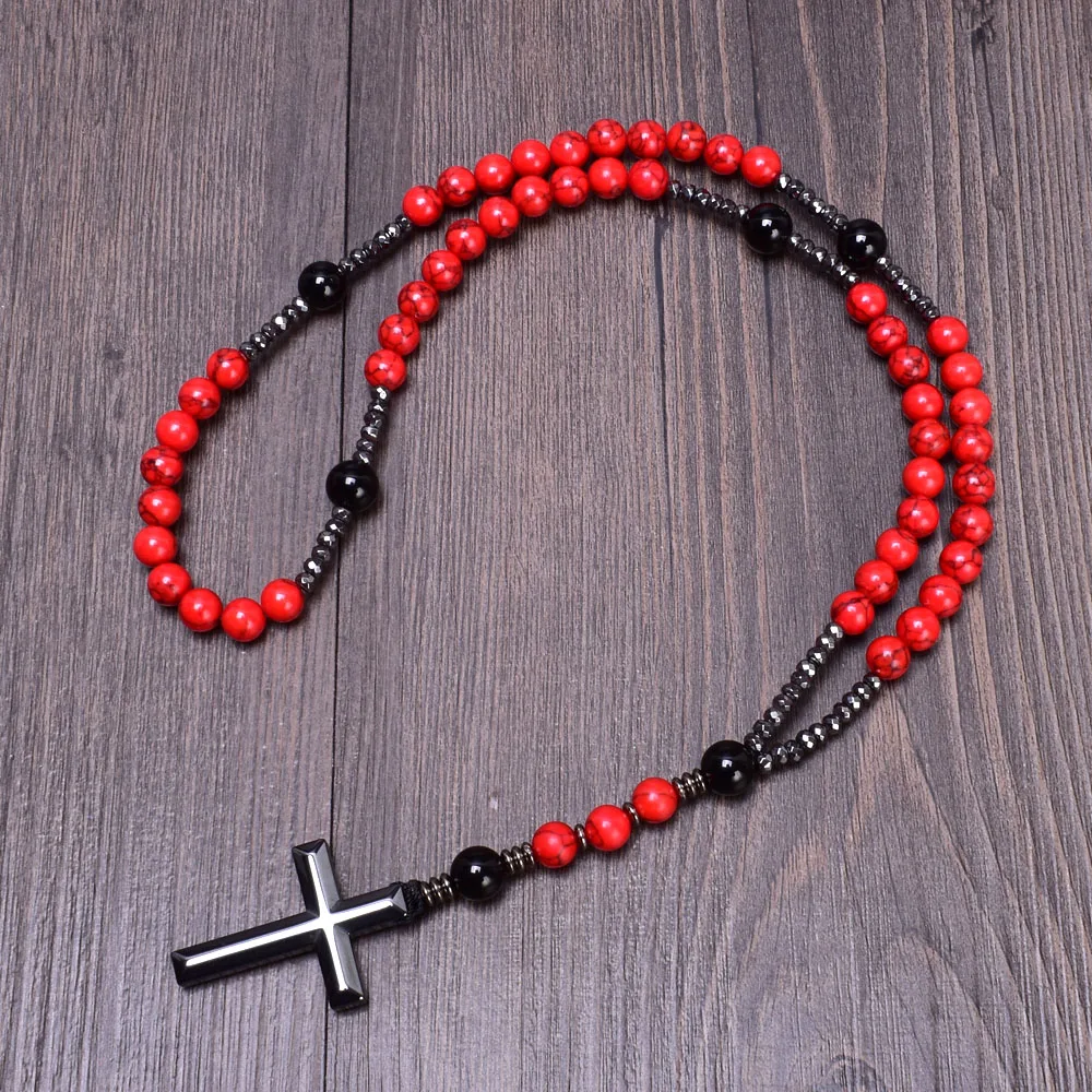 Vintage 8mm Red Pine Stone Christ Rosary Necklaces Hematite Cross Pendant Necklace for Men Women Jewelry Wholesale Dropshipping