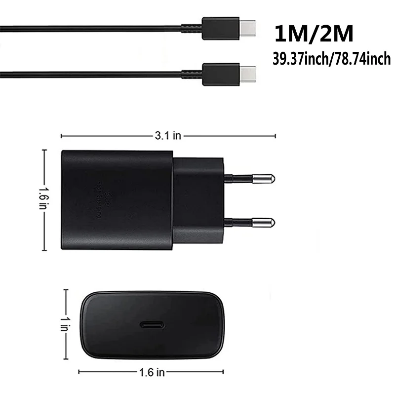25W USB C Fast Wall Charger with USB C to Type C Fast Charging Cable For IPhone 15 16 Samsu Galax S25 24 S23 S22 S21 S20 Note 10