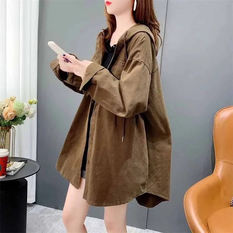 Korean Women Leisure Hooded Mid Length Version Loose Fit Shirt Coat Female Retro Style Hong Kong Winds Hooded Cardigan Blouse