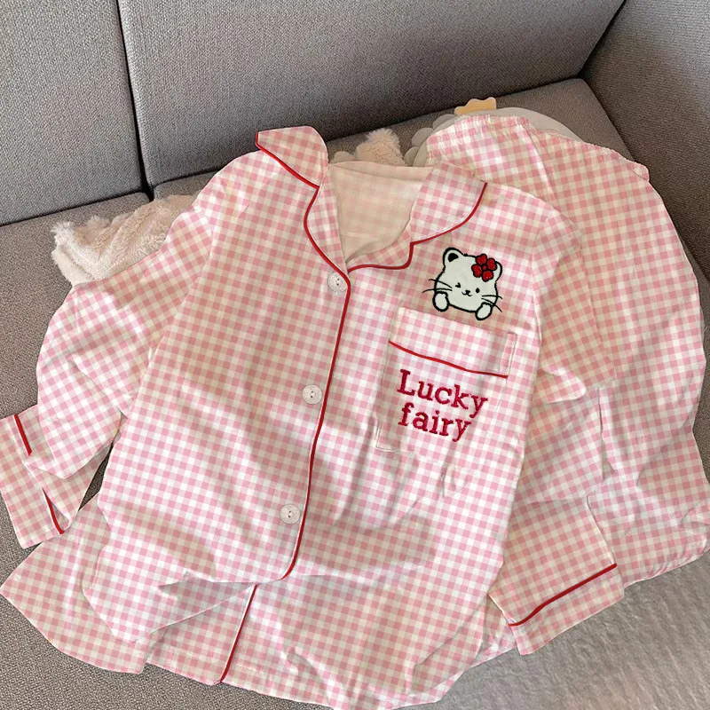 

Весенне-осенний новый женский пижамный комплект домашней одежды, свободная дышащая пижама с мультяшной сеткой, домашняя одежда, комплект с длинными рукавами