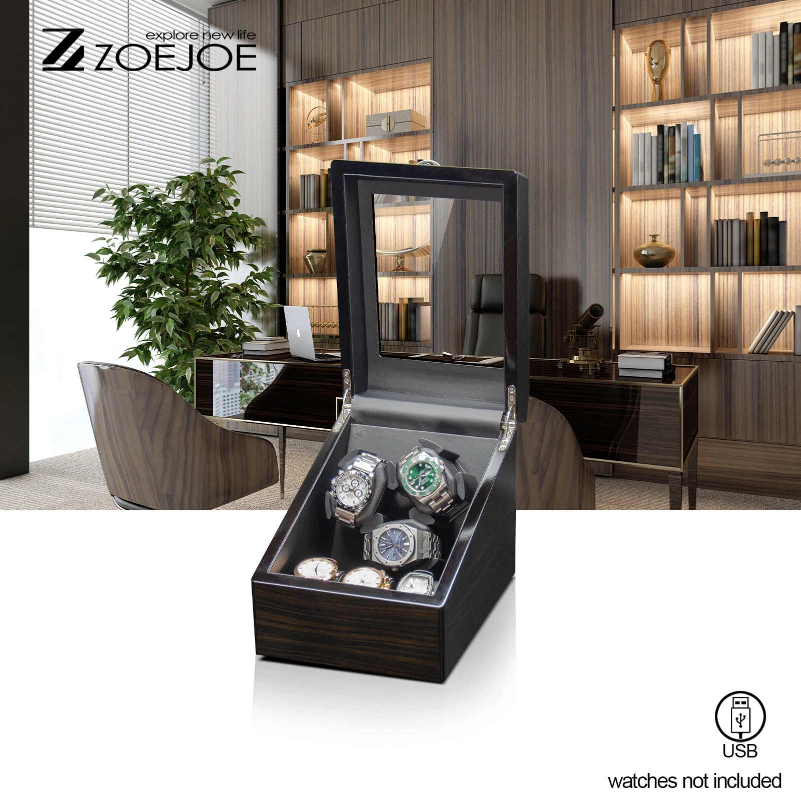 ZOEJOE Enrolador de relógio para enrolamento de relógio, cabo USB, design de luz de energia, superfície de pintura preta, caixas enroladoras de relógio para homens e mulheres