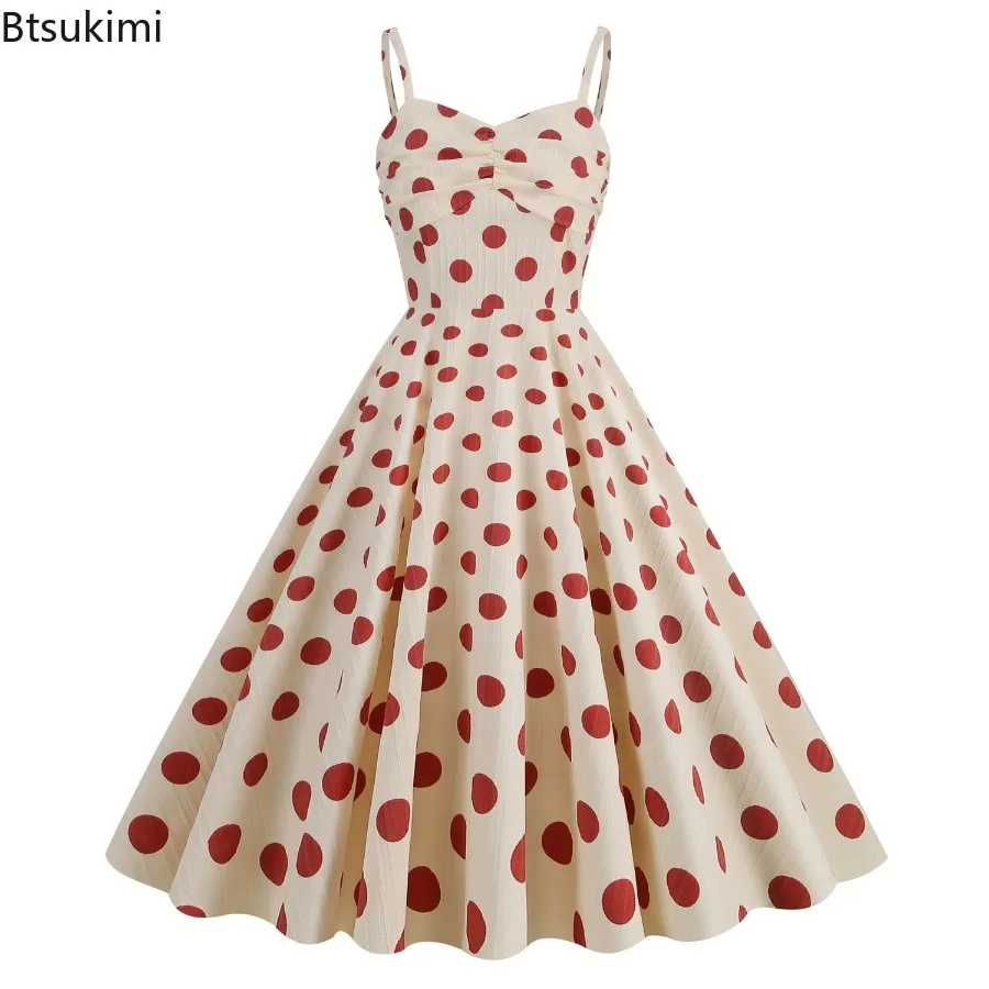 

New 2025 Hepburn Style Women's Vintage Polka Dots Dress Elegant Retro Strap Suspenders Dress Cocktail Party Swing Summer Dress