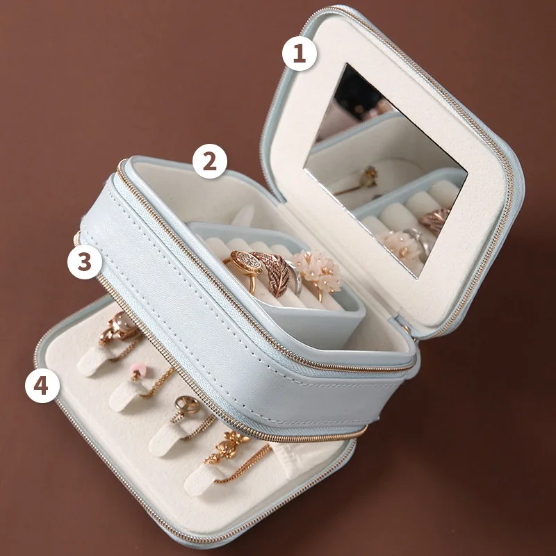 Mini Double Layer Zipper Jewelry Portable Storage Box Ring Earrings Necklace Pack Texture PU Leather Lipstick Makeup Bags