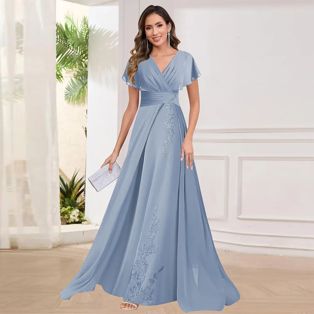 

Customized Elegant Lace Applique Chiffon Mother of The Bride Dresses for Women Short Sleeves Evening Gown V Neck Formal Dress