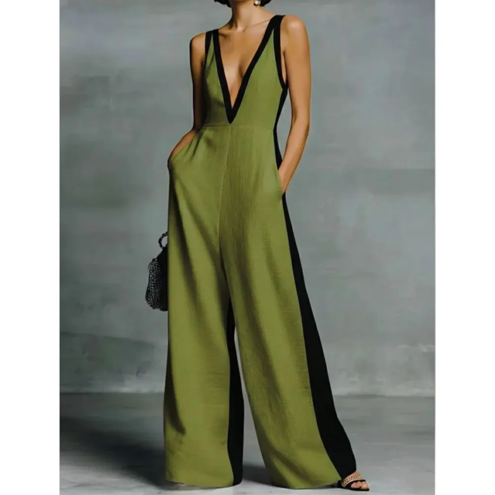 Contrast Side Striped Jumpsuit Sleeveless Spaghetti Deep V Neck Wide Leg Pants Loose Elegant Summer Casual Romper For Women