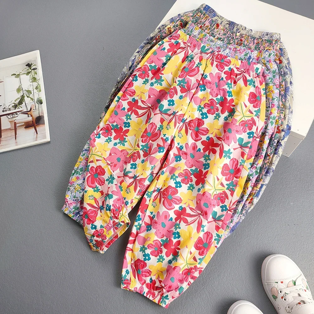 

Summer Flowers Pants Girls Sweet Kids Casual Print Retractable Feet Pants Babys Girls Boys Cool Breathable Beach Pants