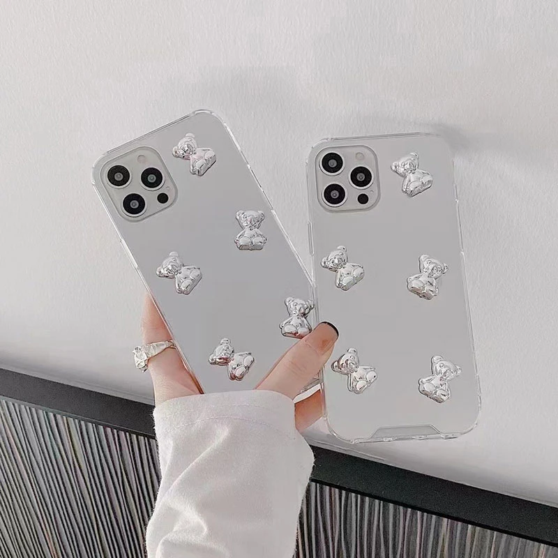 For Samsung Note 10 20 Ultra S25 S24 S23 S22 Plus S21 Ultra S20 FE S10 S9 3D Silver Heart Bear Mirror Case Cover