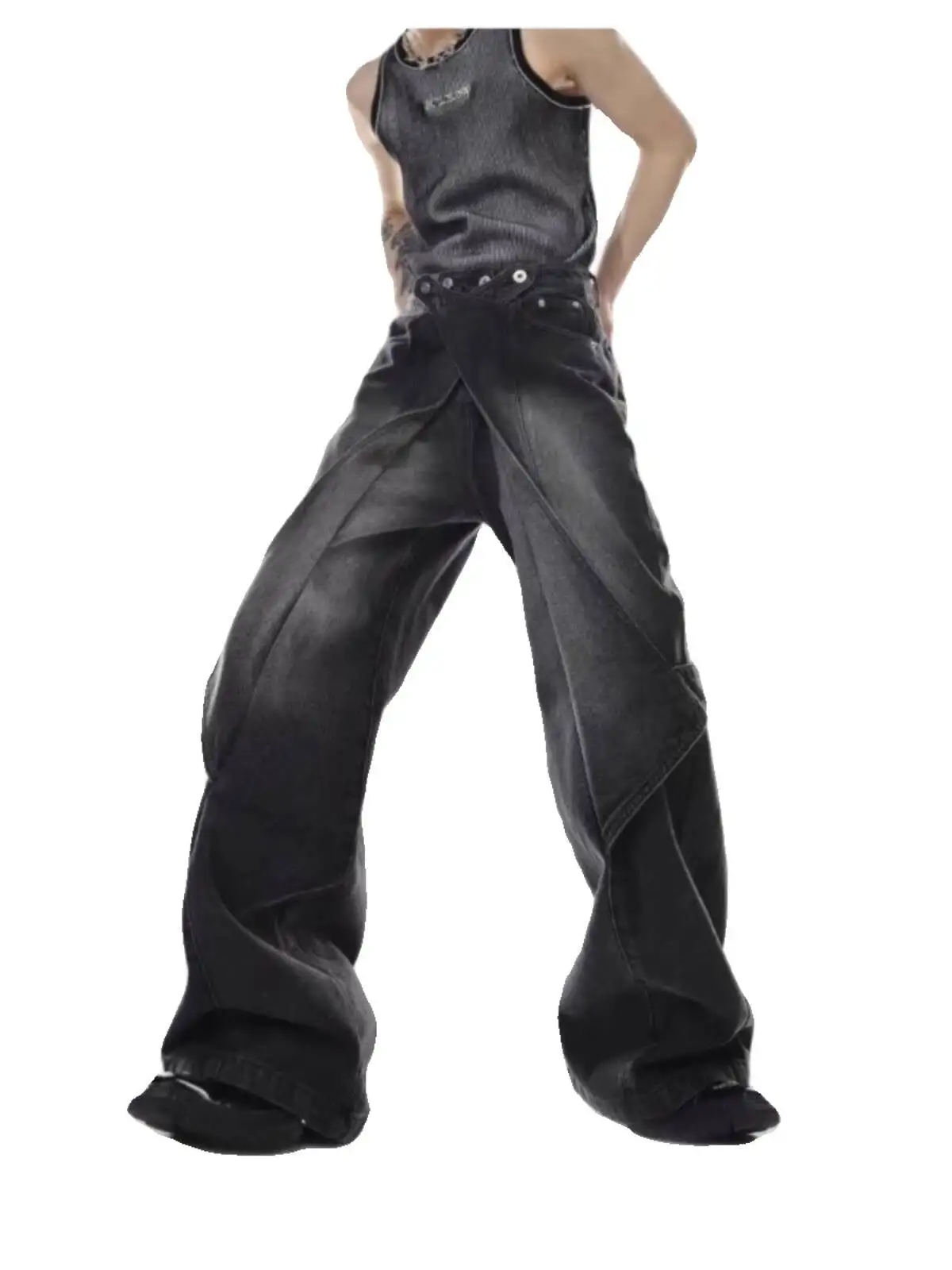 للجنسين الجينز 2025 جديد المرقعة رجل جينز غير رسمي المرأة ريترو مفكك البضائع للتحويل مضيئة الدينيم بنطال ذو قصة أرجل واسعة #5