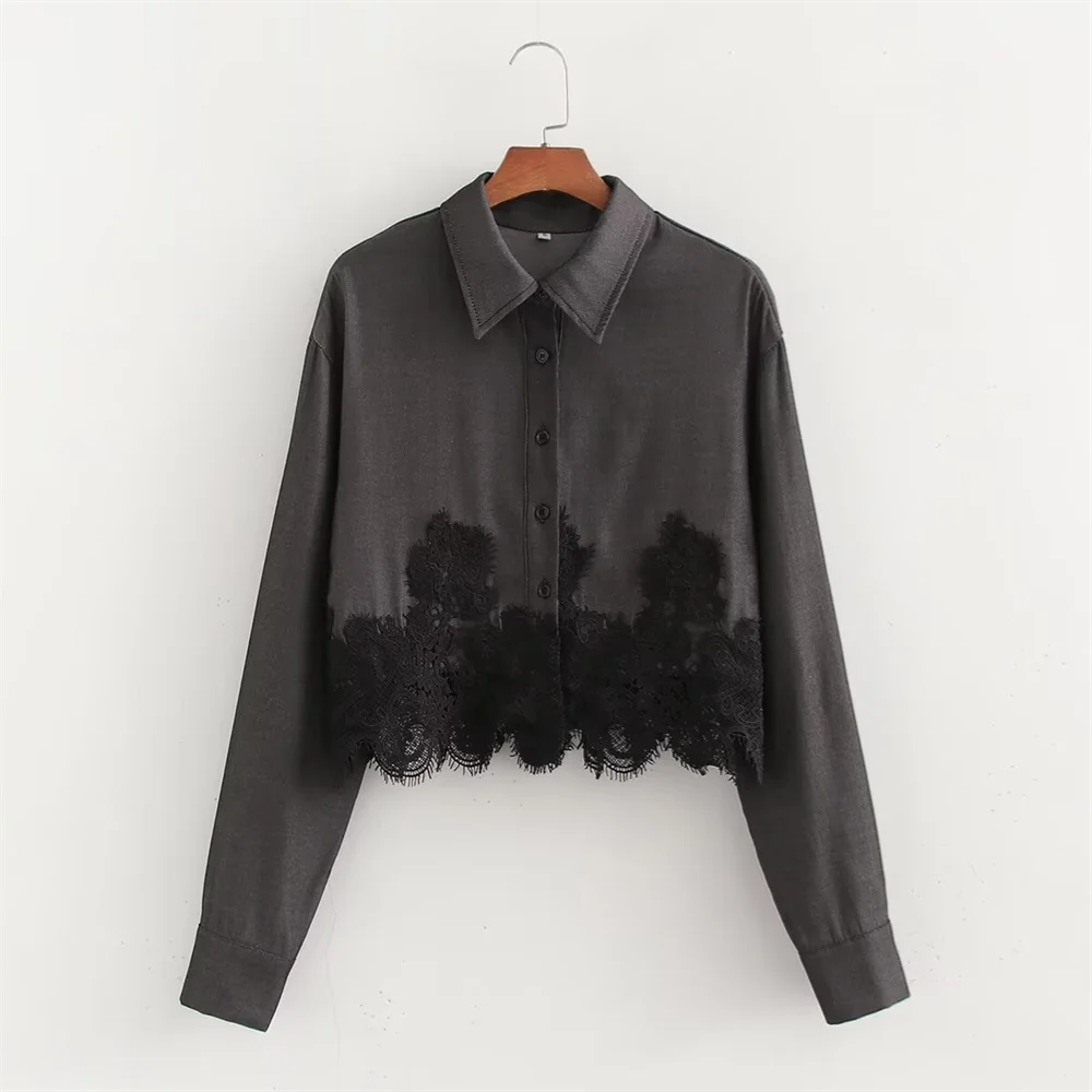 

PB&ZA2024 autumn new women's clothing style slim fit, simple and versatile imitation denim patchwork lace long sleeved shirt