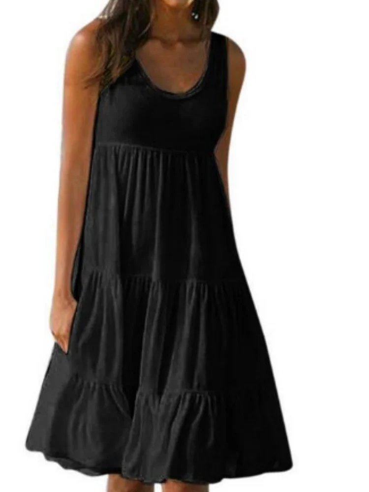 แฟชั่นฤดูร้อนชายหาดแขนกุดผู้หญิงแต่งตัว O-คอลําลองหลวมชุดสีทึบ