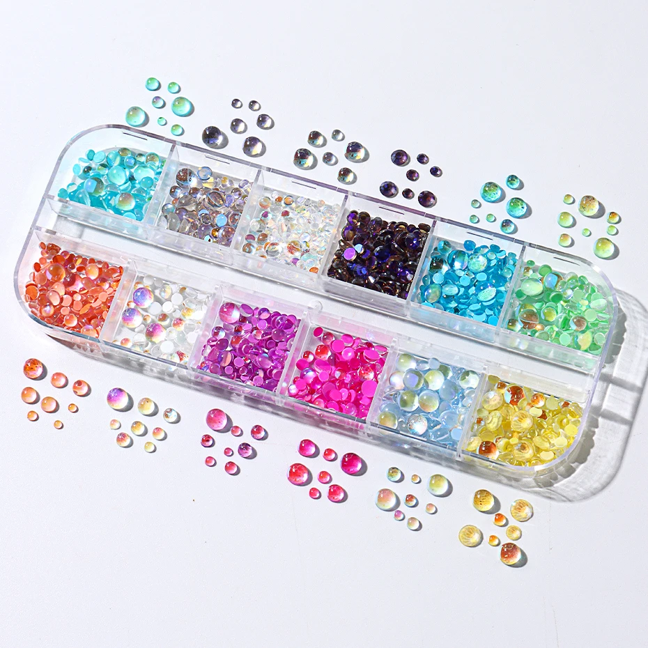 12 Grids Sparkly Mermaid Round Beads Nail Art Decorations Mixed Size Charm Acrylic Macaron Bubble Manicure Ornaments Accessories