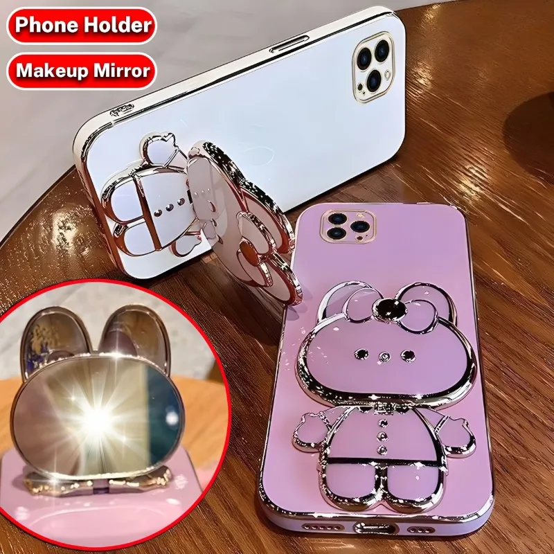 

New Cartoon Rabbit Phone Holder with Makeup Mirror for iPhone Samsung Xiaomi POCO Smartphones Desktop Stand Cellphone Bracket