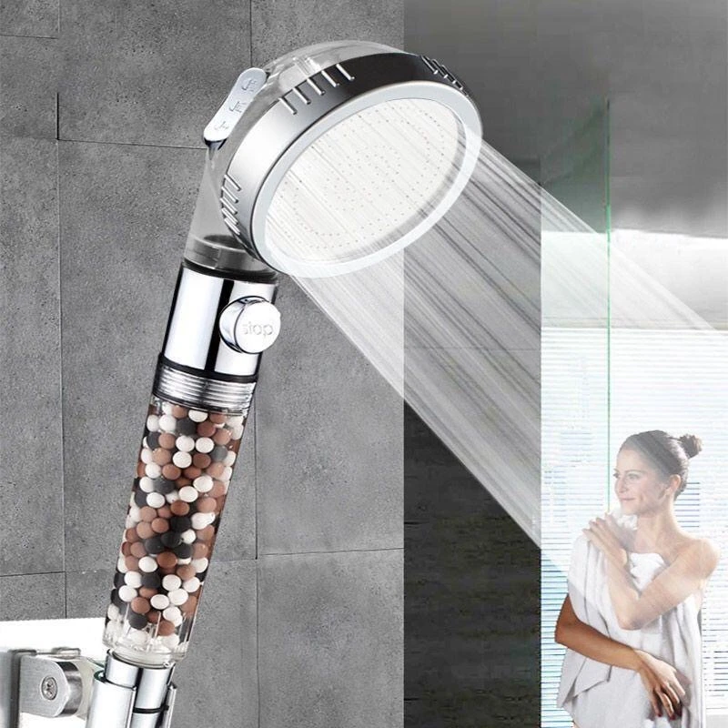 2PCS Shower Head With Beads Filter Pressure Boosting Shower Head Spray White Plastic With 3 Modes Water Saving Bathing For Home