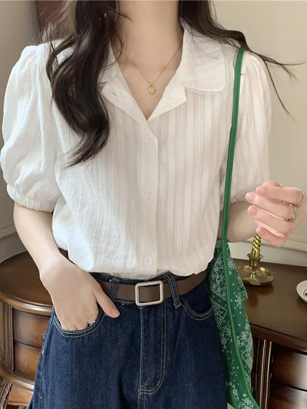 2026 French Ruffled Short Sleeve Shirt for Women Summer Fashion Solid Color Loose Shirts Female Single-breasted Blouses B694