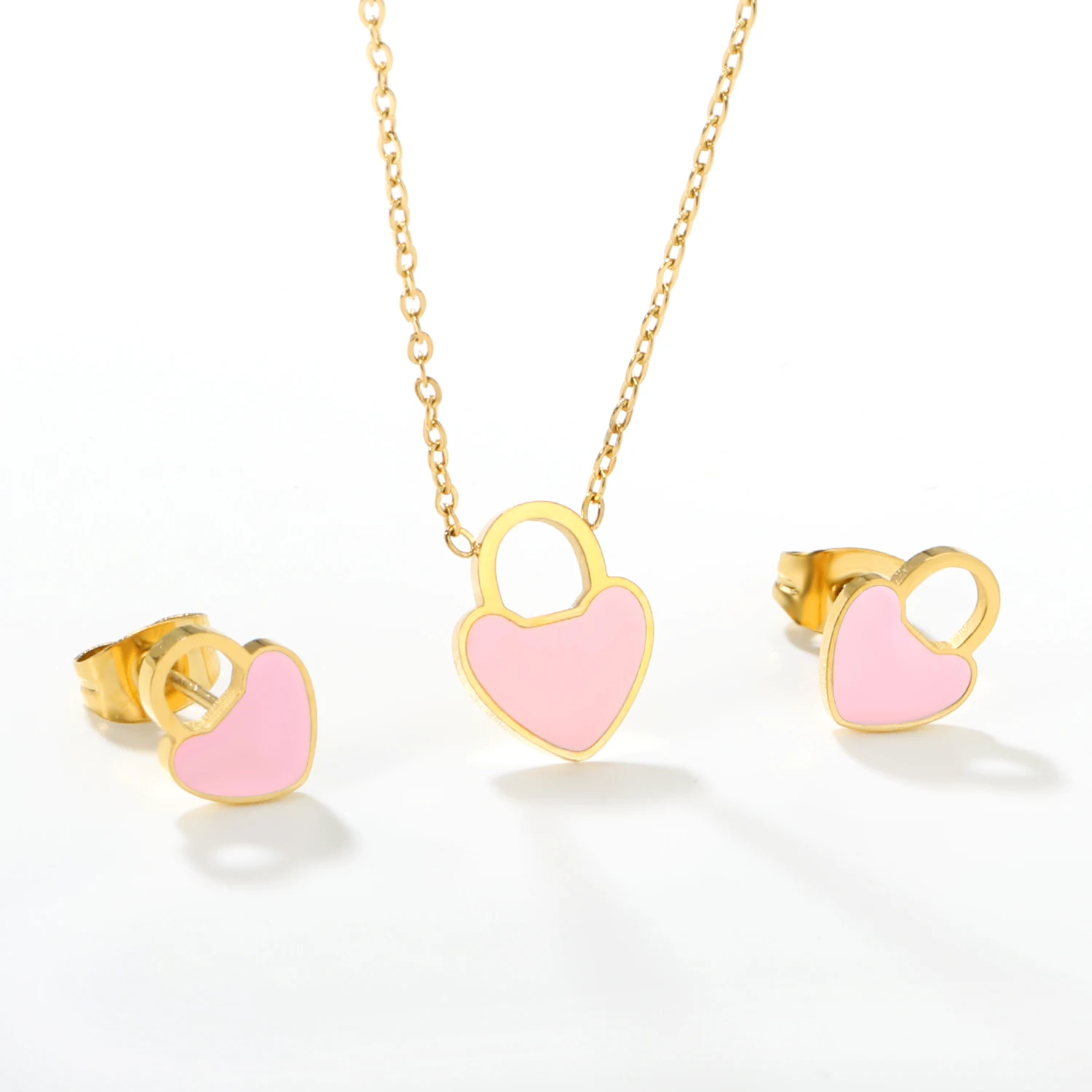 Sweet Drip Oil Set Heart Flower Haped Pendant Necklace Earrings Two-piece Set for Women Stainless Steel Romantic Birthday Gifts