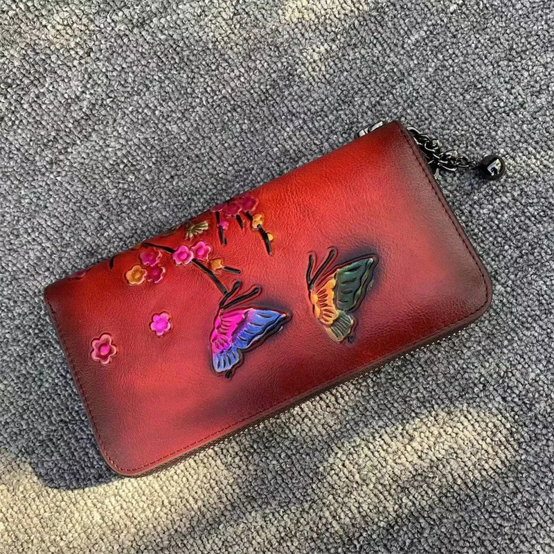 Vintage Real Cow Leather Purse Women Floral Ladies Wallet Genuine Leather Coin Purse Long Card Holder Clutch Bag
