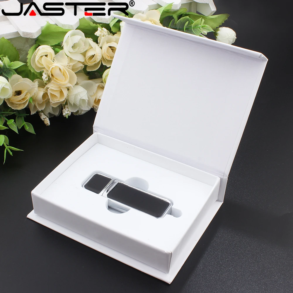 JASTER 다크 브라운 사각형 가죽 USB 2.0 플래시 드라이브, 흰색 메모리 스틱, 종이 상자 펜 드라이브, 64GB 외장 드라이브, 창의적인 선물, 128GB