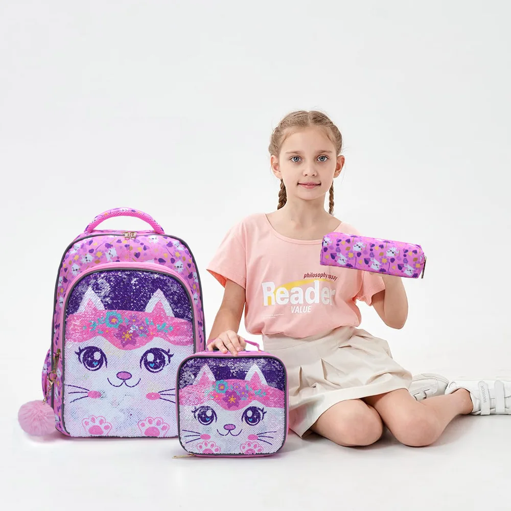 3PCS set Backpack For Girls, Cute Cartoon Kitty Sequin Design Bookbag With Lunch Box And Pen Bag, Glow-in-the-dark Function-Pink