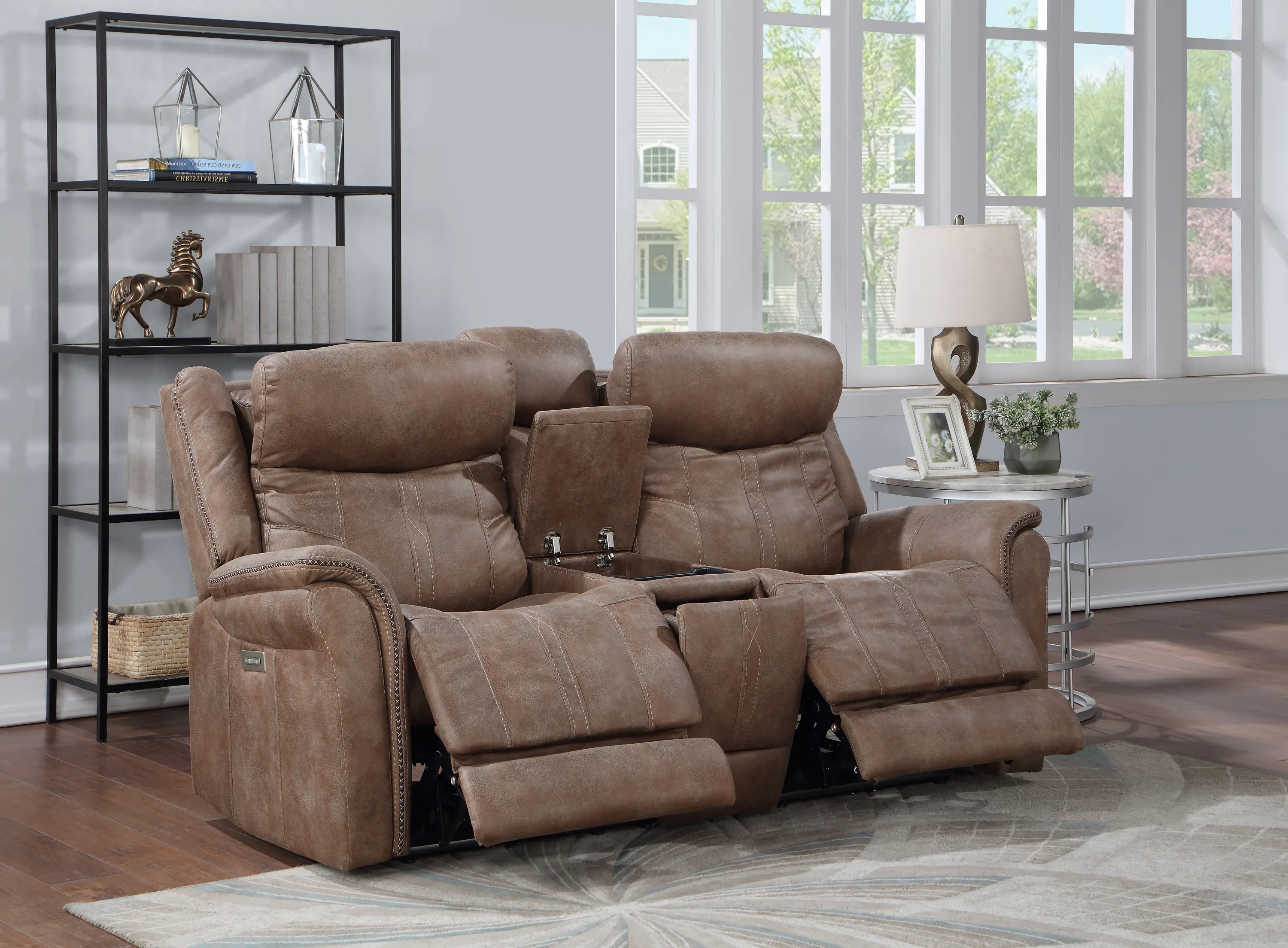 

Transitional Console Loveseat - Warm Camel Faux-Suede, Power Footrest, Power Headrest - Concealed Cupholders, Built-In Console