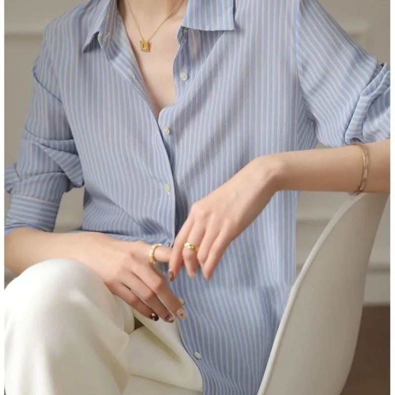 QWEEK Chiffon Striped Long Sleeve Shirt Woman Office Ladies Button Up Blouse Female Summer Korean Old Money Style Aesthetic 2024