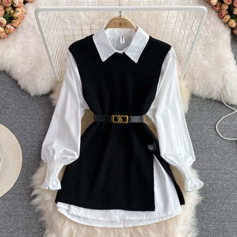 Women\'s Autumn Winter Split Sweater Vest White Shirt Set Lady Fashion Flare Blouse Knit Tank Tops with Waistbelt Knitwear Female