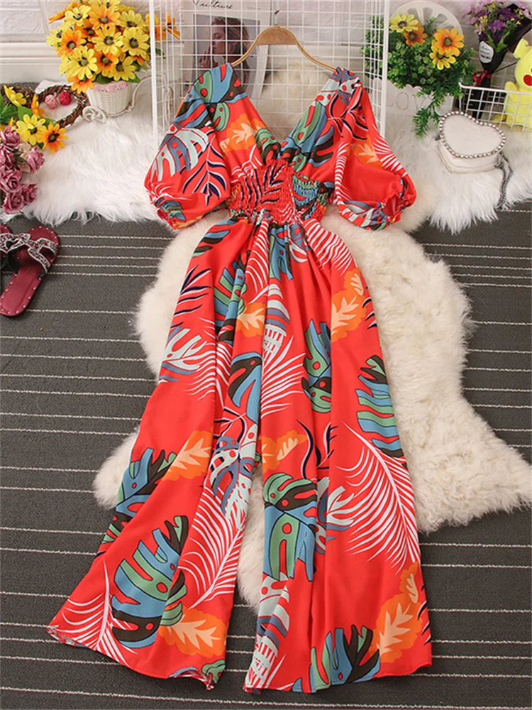 

Сексуальный комбинезон с v-образным вырезом и рукавами до лошади на талии, тонкий комбинезон с растительным принтом, женские широкие брюки, комбинезон