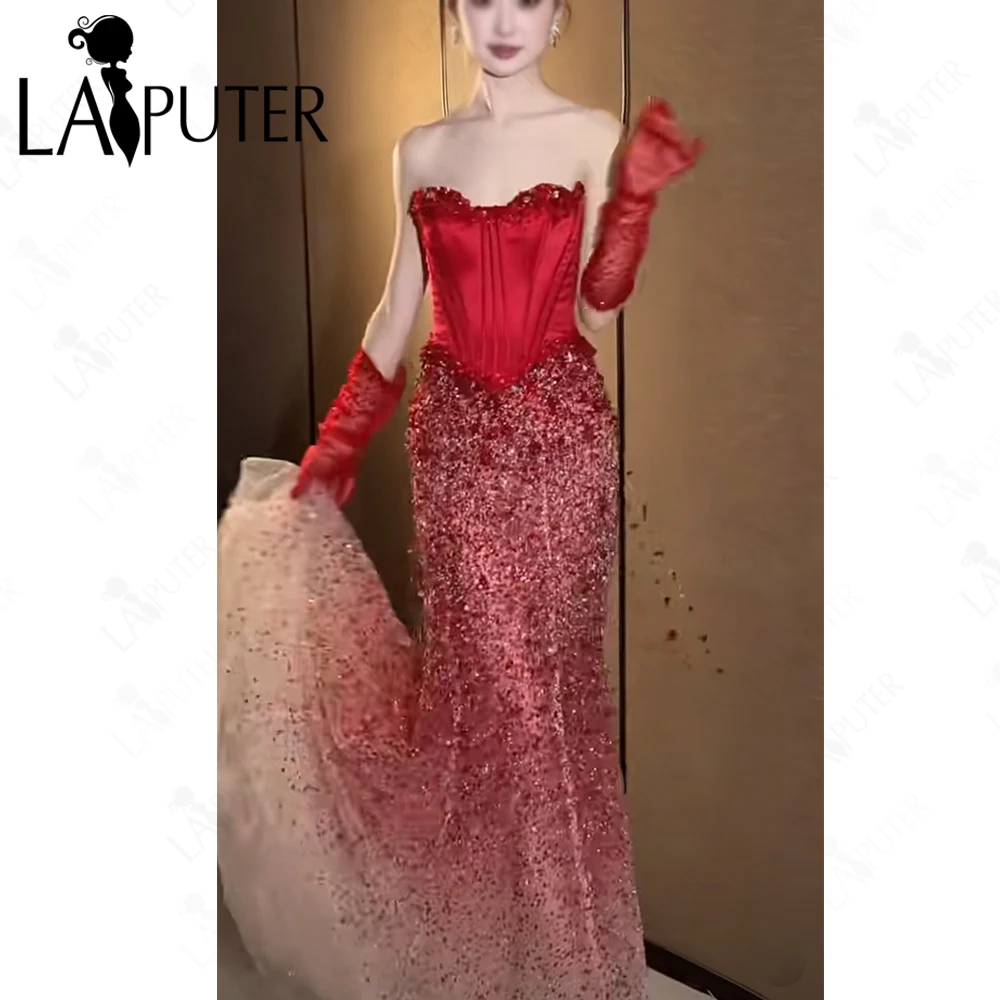 

Fading Red Evening Dresses Boned Crystal Bead Satin Corset Bodice Mermaid Prom Dress Beaded Sequin Droping Woman Formal Dress