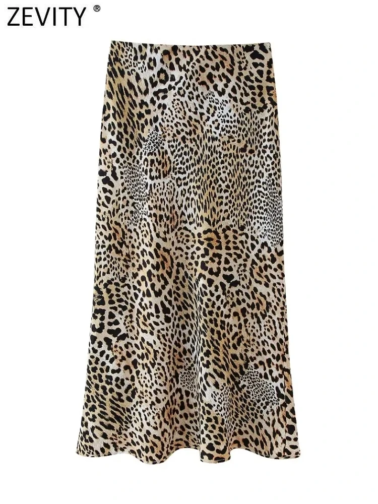 ZEVITY 2024 moda donna Leopard Print Soft Satin A Line gonna vita alta donna Vintage Casual Slim Midi gonne Mujer QUN6188