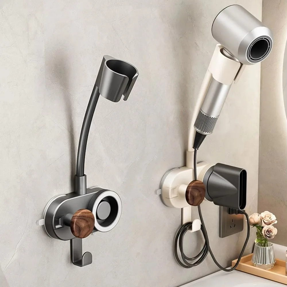 Hands Free Hair Dryer Holder 360 Degree Rotation Non-punching Hair Dryer Storage Bracket Compact Double Suction Cup