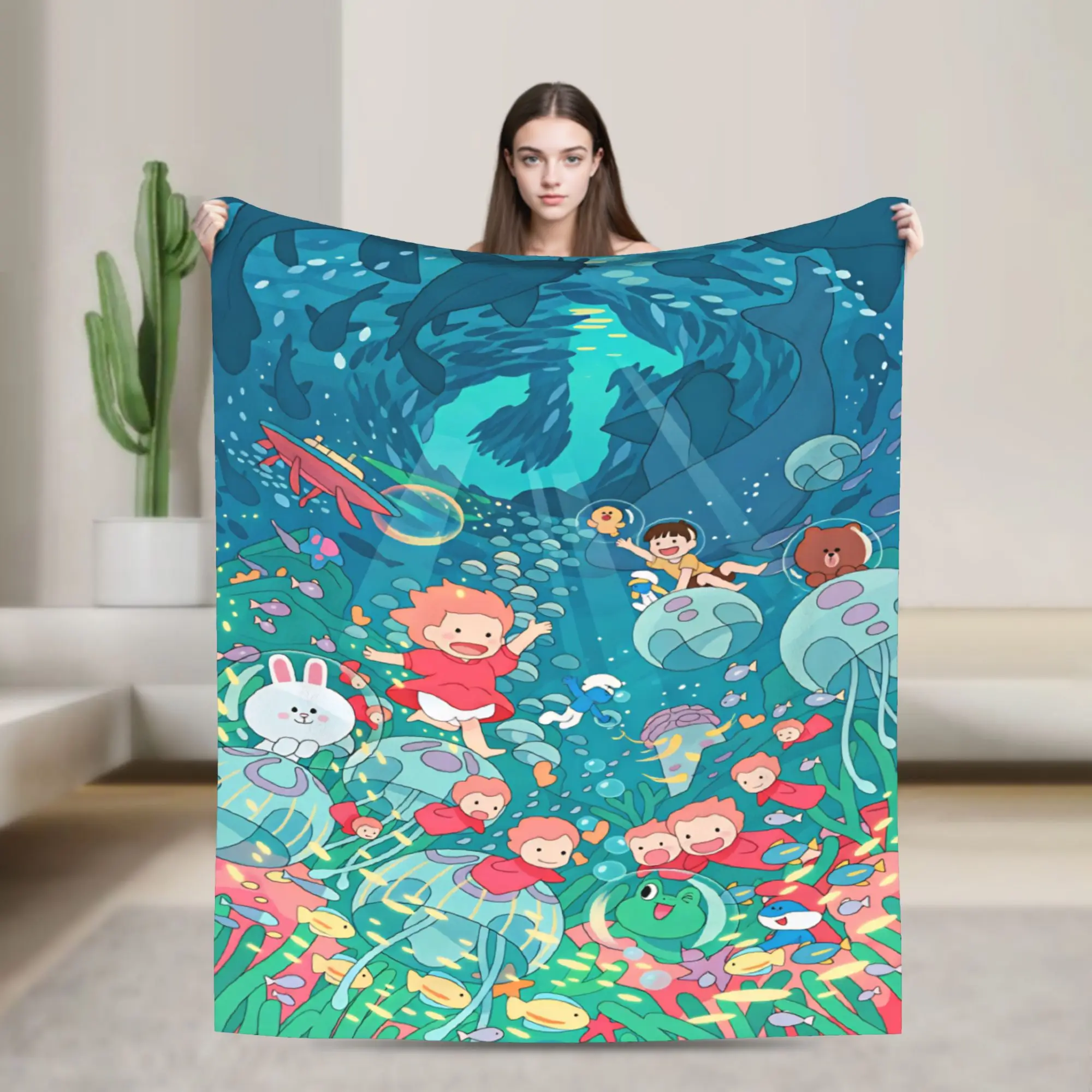P-Ponyo-s Ocean Bubbles Blankets  Warm Soft Novelty Plush Throw Blanket For Couch Bed Travel Office Flannel Bedspread Bed Cover