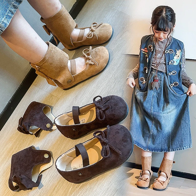 Two-Way Wearable Ballet Flat Mid-Calf Boot for Girls Detachable Butterfly Knot Children's Boot Rubber Outsole Casual Style
