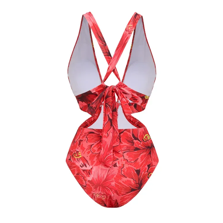 2024 neue Frauen blühen rote Blume drucken einteiligen Badeanzug Set Bade bekleidung Badeanzug Bikini Monokini Tankini Strand kleid