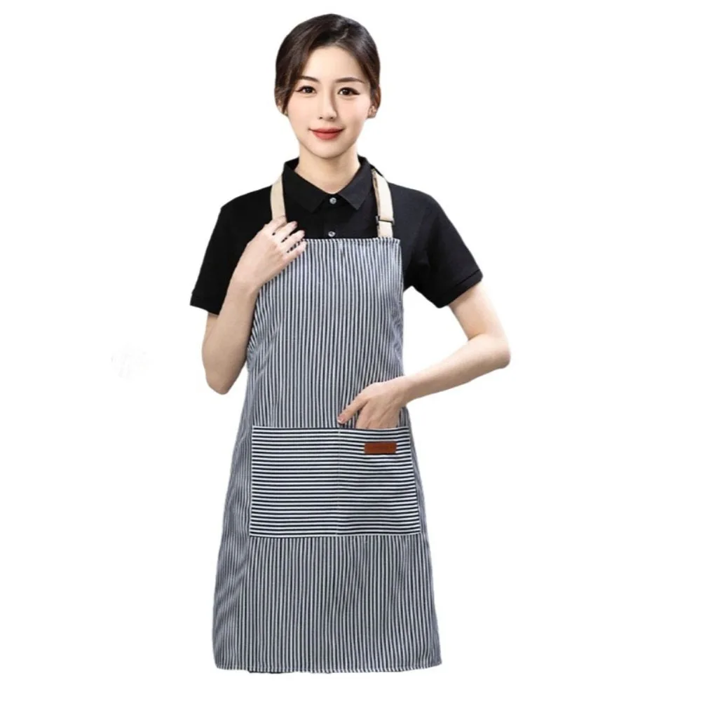 

Adjustable Striped Apron Wear-resistant with 2 Pockets Kitchen Apron Comfortable Breathable Catering Work Clothes BBQ
