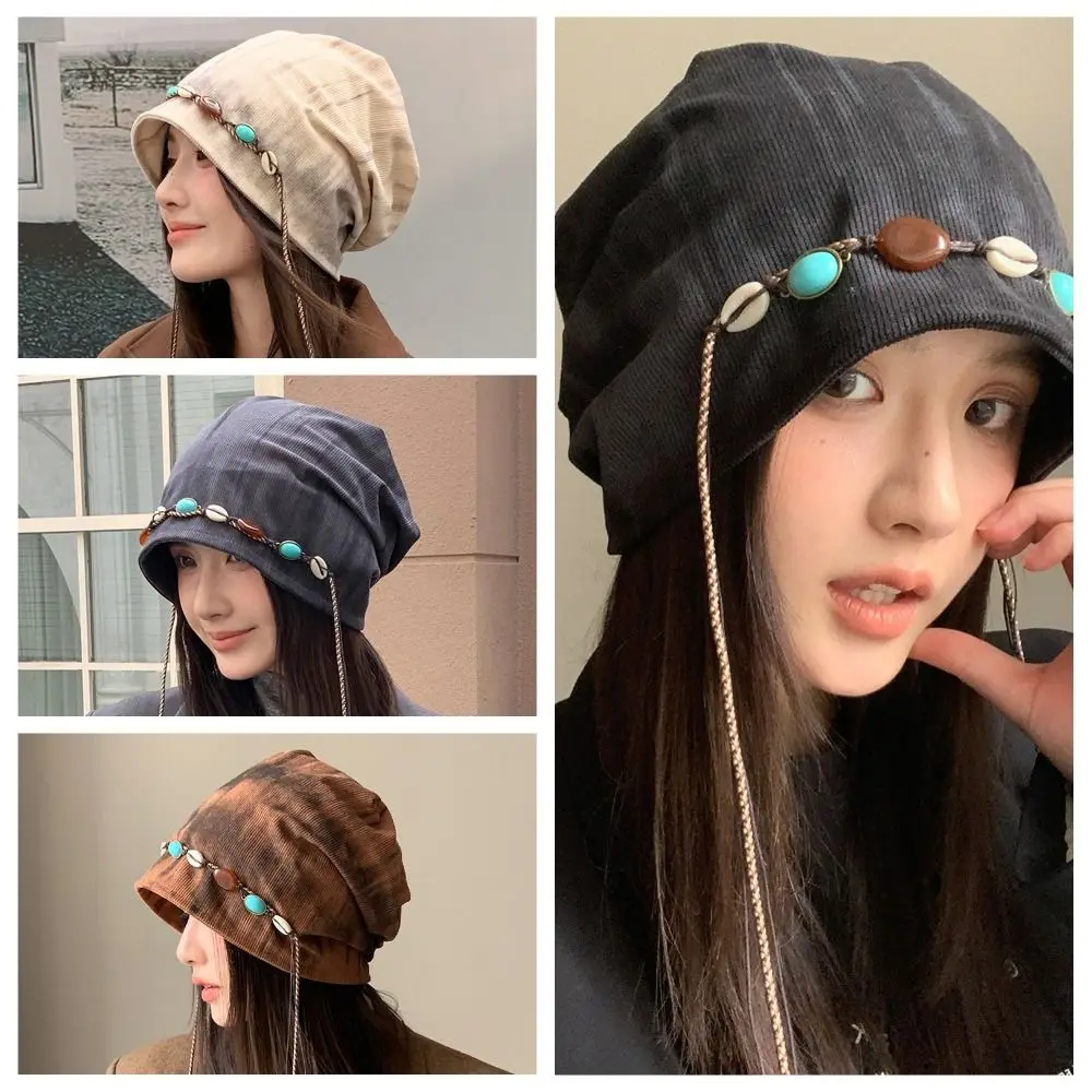Beading Baggy Cap Bohemian Style Large Head Circumference Stacked Hat Polyester Keep Warm Pullover Hat for Women and Girl