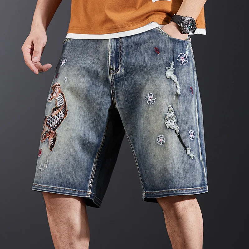 Oversized Embroidered Denim Shorts Men Loose Five Point Jeans Streetwear Hip Hop Straight Man