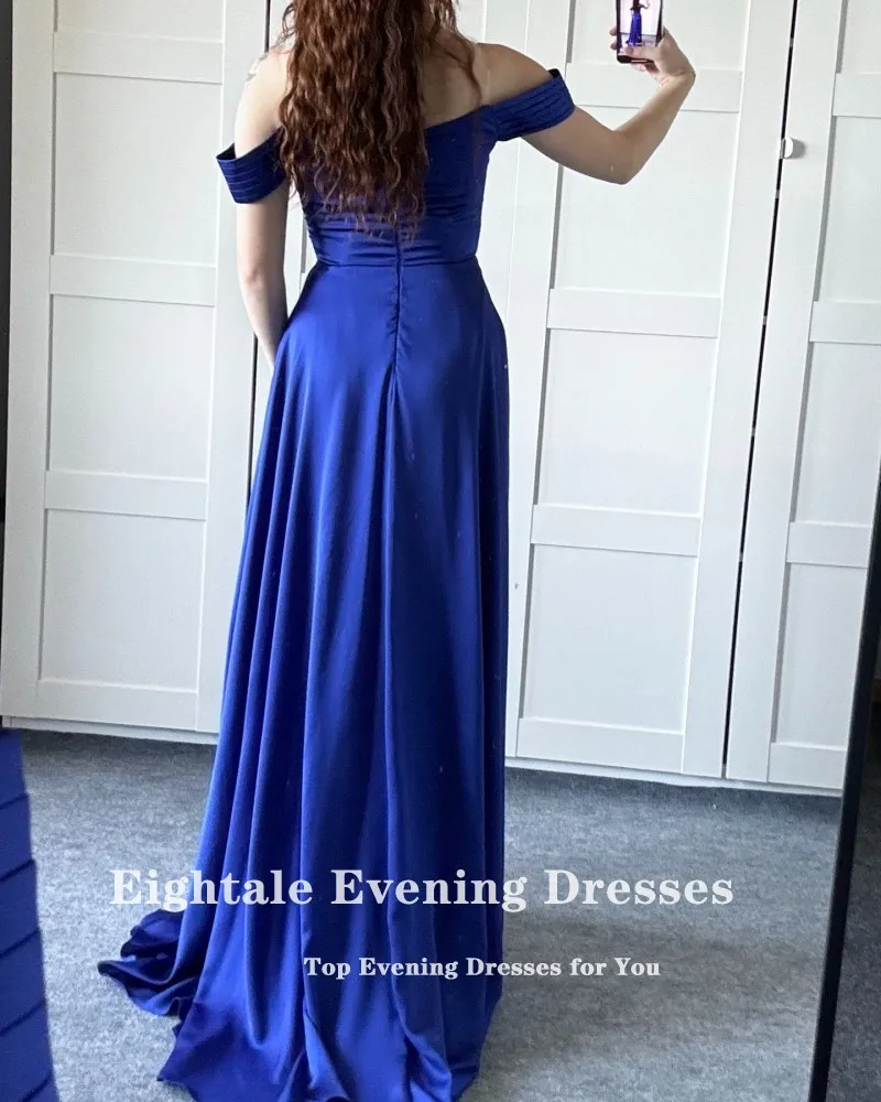 Eightale Royal Blue Evening Dresses off the Shoulder A-Line Prom Party Gown Satin Side Slit Arabic Wedding Vestidos De Fiesta