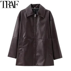 TRAF Womens Coat Winter Leather Jacket Women Parkas Vintage Long Sleeve Solid Coats Zip Up Fashion Long Coats Aviator Jackets