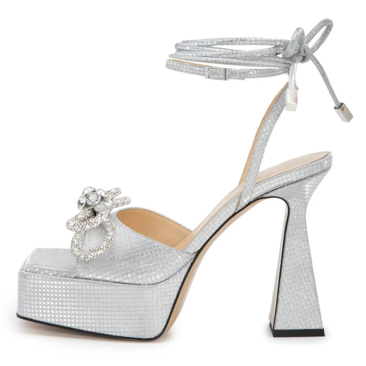 

Square Toe Hollow Platform Thick Heel Sandals Bow-Knot Large-Size Single Strap High Heels Patent Leather Women Shoes Sandalias