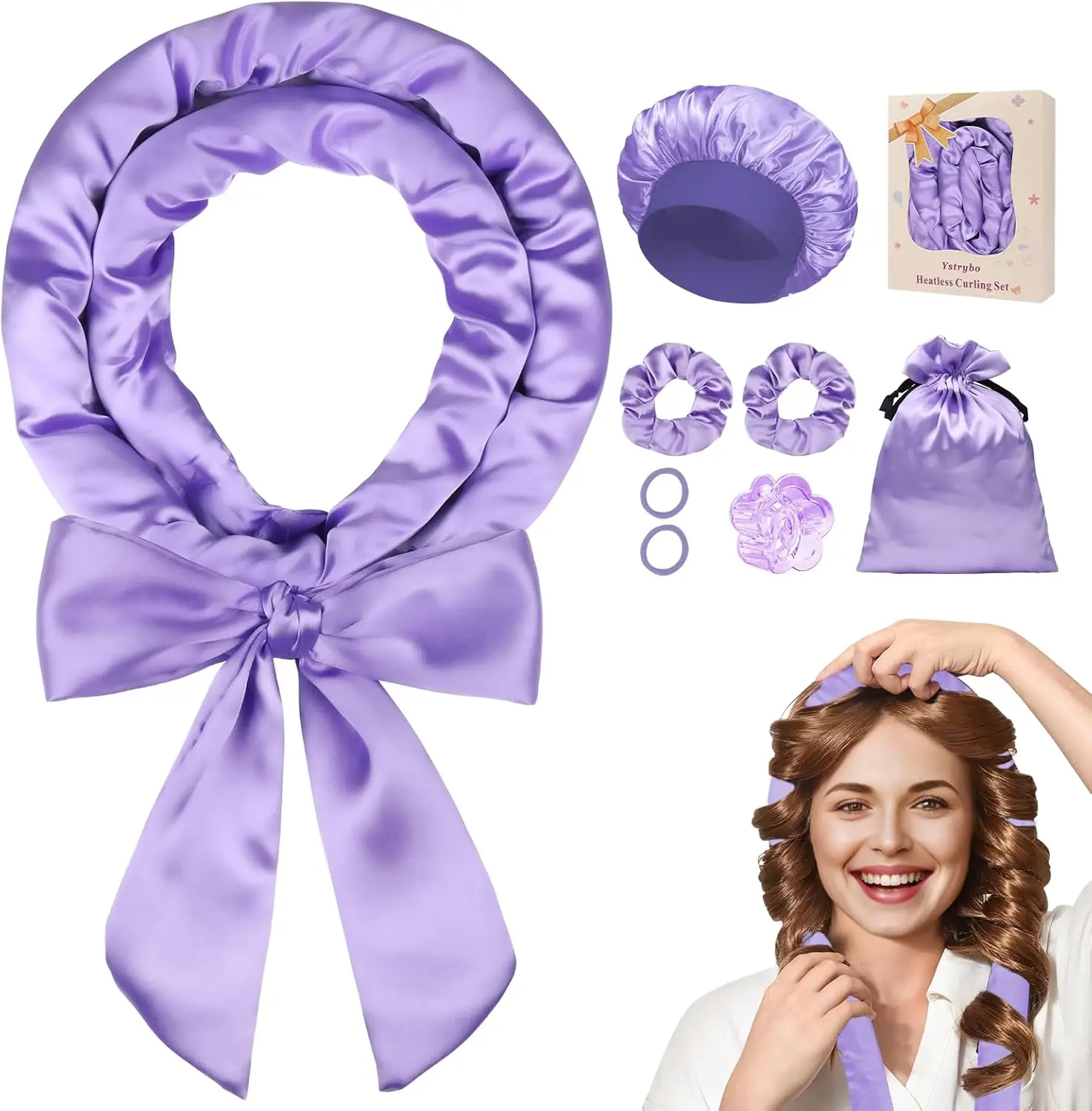 

Атласные безнагревательные щипцы для завивки волос Безнагревательные кудри Ночные бигуди для сна Набор для завивки без нагрева для длинных волос-8 шт. фиолетовый