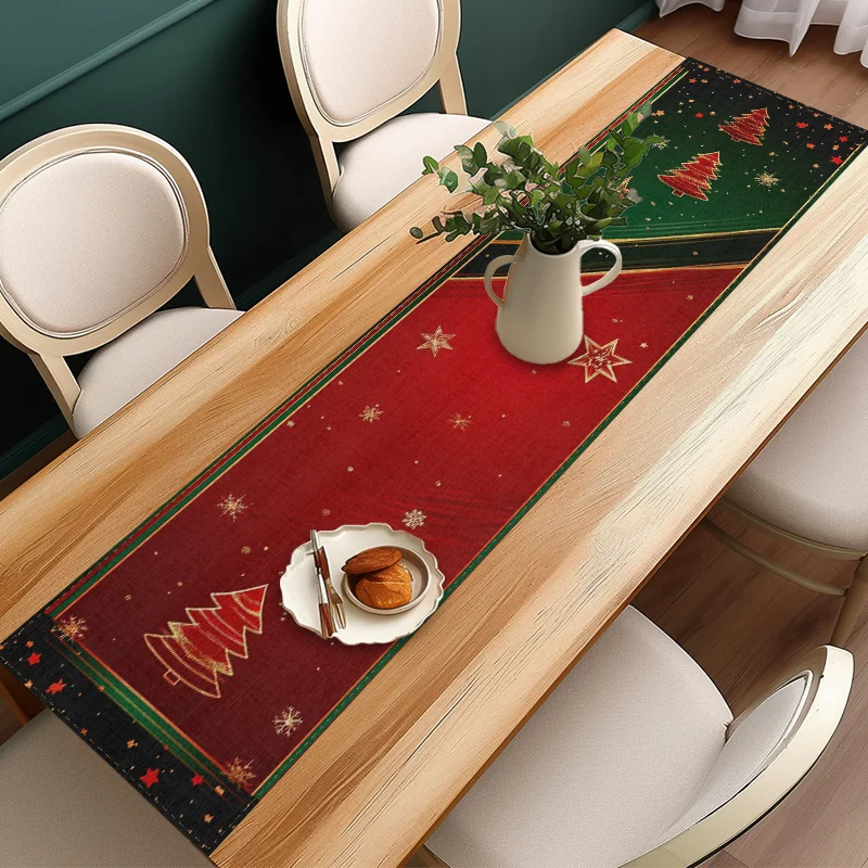 Christmas Tree Star Snowflake Table Runner, Festive Dinner & Party Decor, Washable & Reusable Table Runner