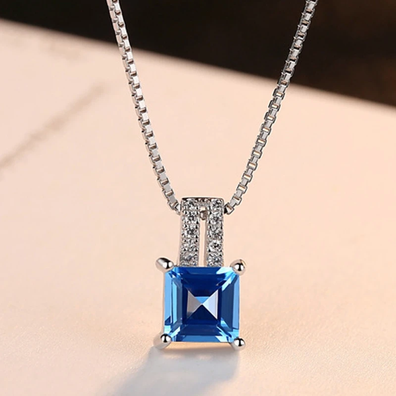Sky Blue Pendant S925 Silver Necklace for Women, Gem Box Chain, European and American Fashion Jewelry