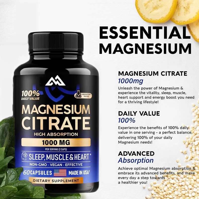 60 capsules of magnesium citrate 1000mg | 100% DV | High absorption supplement - sleep, muscle, and heart support