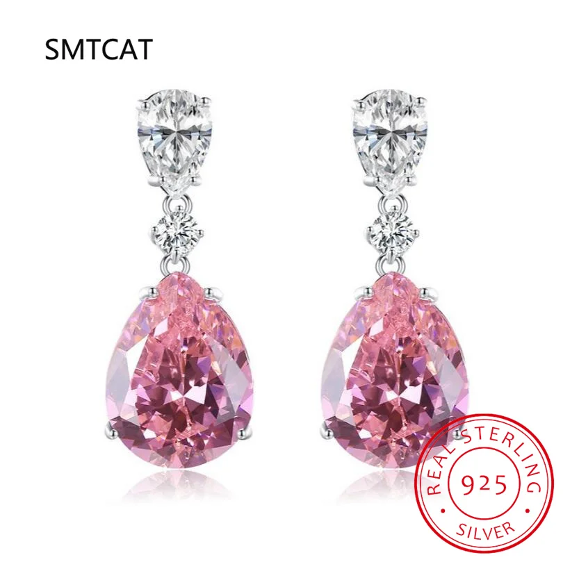 100% 925 Sterling Silver Pink Water Drop High Carbon Diamond Drop Earrings For Women Sparkling Wedding Party Fine Jewelry Gift